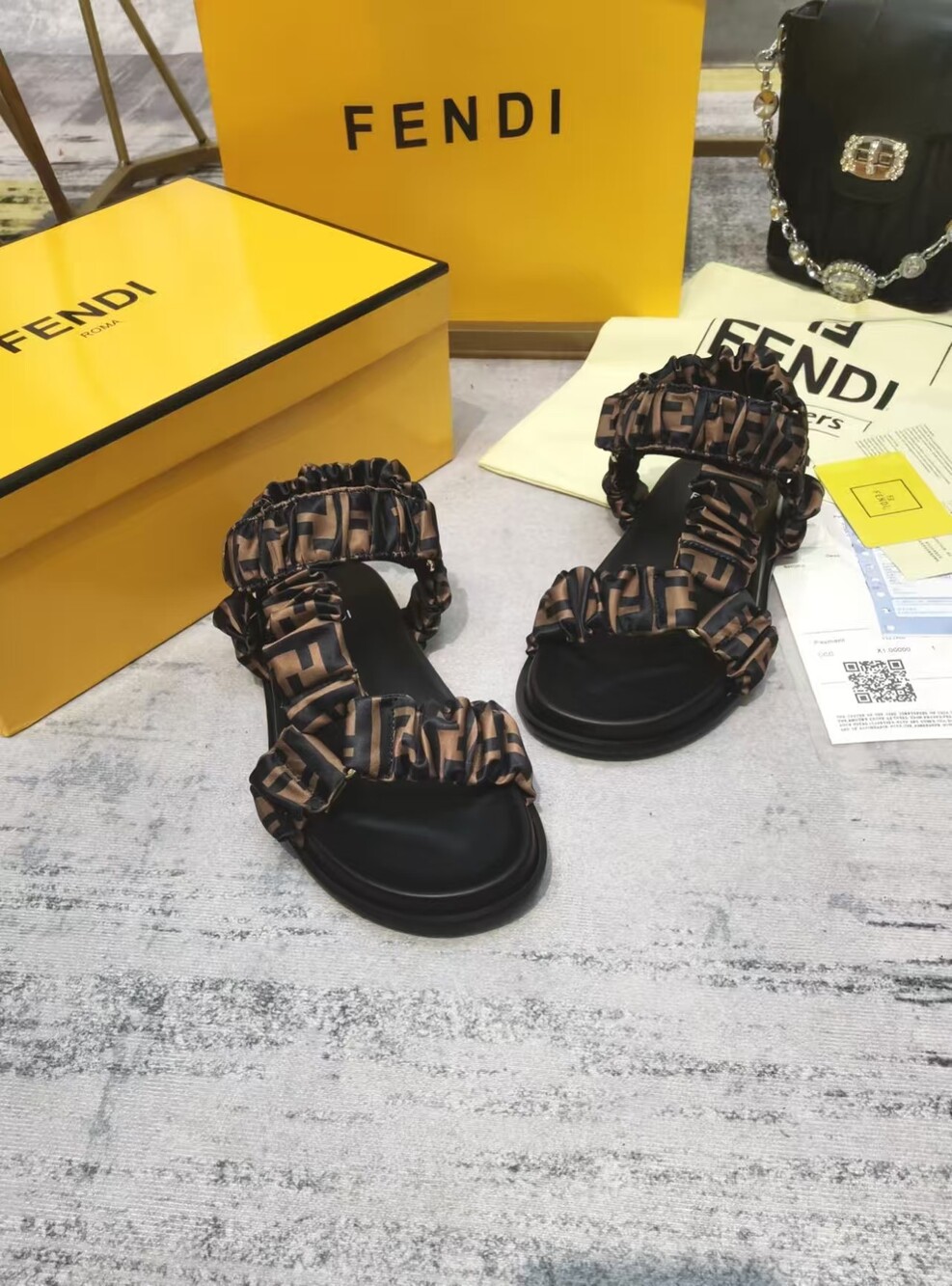 Fendi Black and Brown FF Logo Ruched Strap